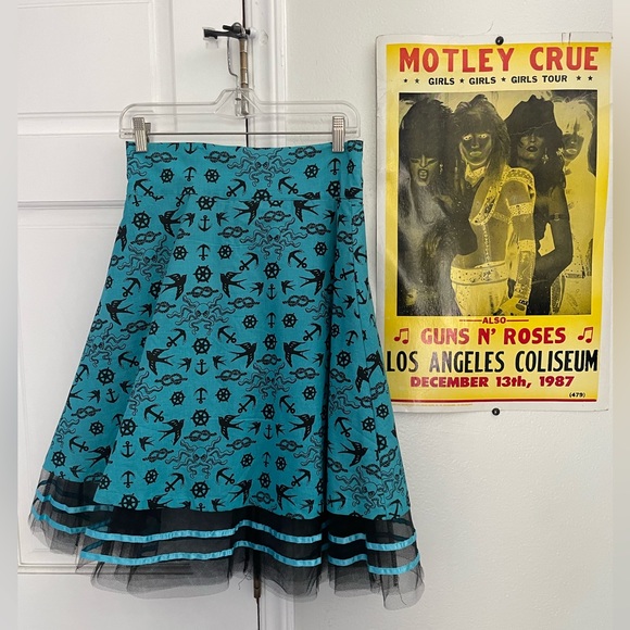 Too Fast sailor nautical flash print on blue skirt size medium - Picture 2 of 5